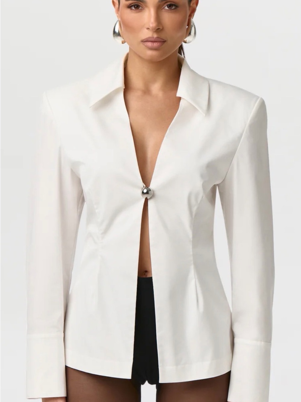 Naked Wardrobe - White Deep-V Single-Button Blouse